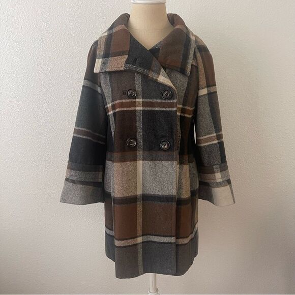 Elevenses Anthropology Peacoat Size Small Plaid Wool Blend Wide Sleeve - Picture 1 of 11